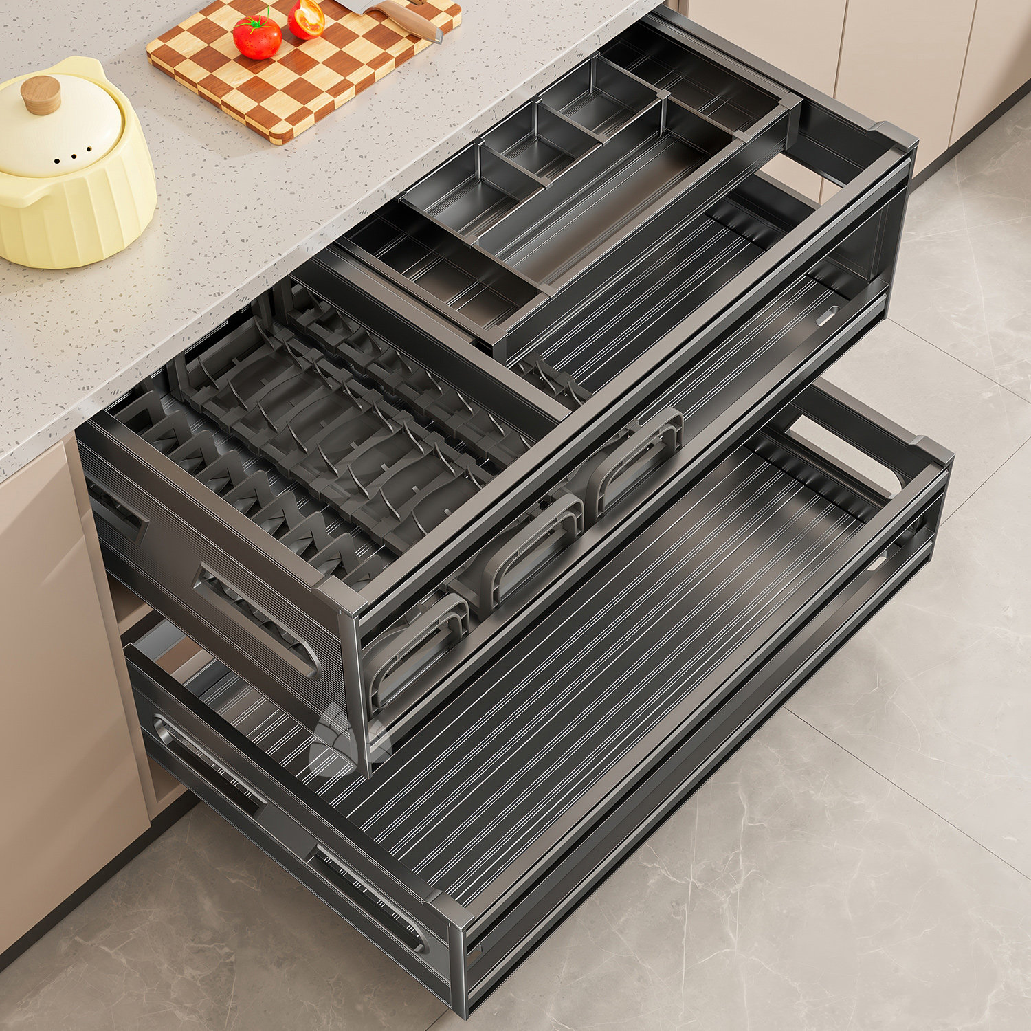 厨房橱柜全铝半抽双层抽屉式阻尼收纳调料调味放装碗筷碟架碗篮,厨房/烹饪用具,厨房置物架/置物柜/角架,淘宝优惠券,粉丝福利购,淘宝优惠卷