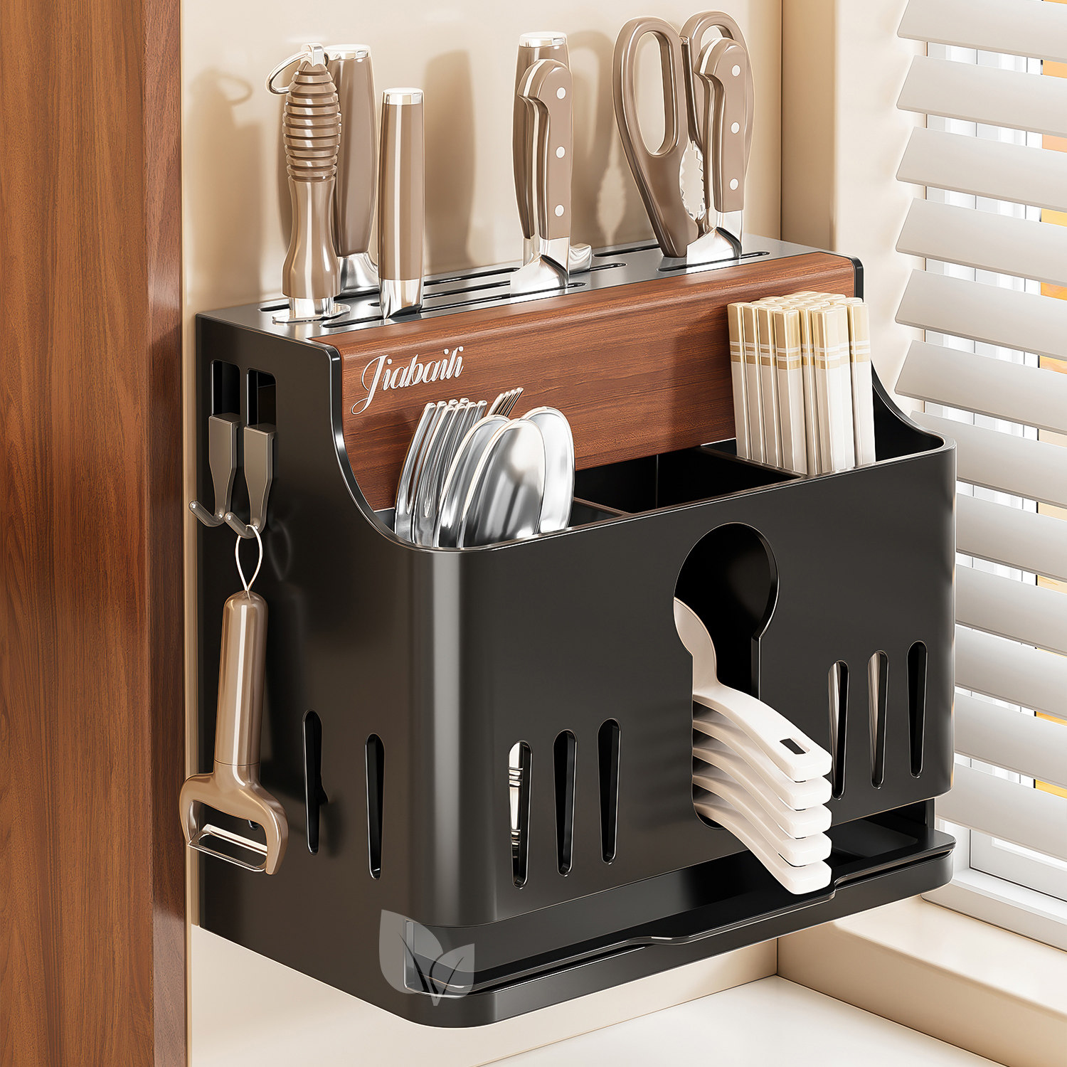实木不锈钢刀架置物架免打孔厨房壁挂菜刀具勺子筷子筒一体收纳架,厨房/烹饪用具,刀架,淘宝优惠券,粉丝福利购,淘宝优惠卷