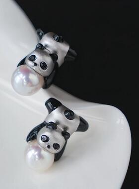 原创设计国潮慵懒熊猫925银针手工烧白色熊猫珍珠耳钉耳环女