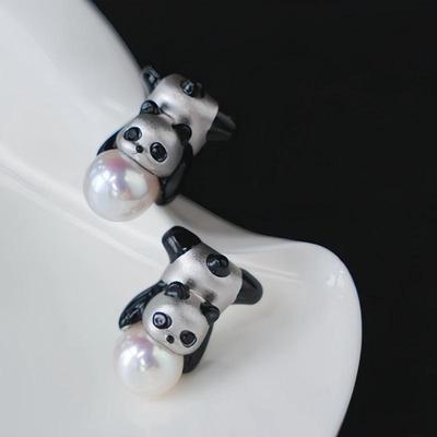 原创设计国潮慵懒熊猫925银针手工烧白色熊猫珍珠耳钉耳环女