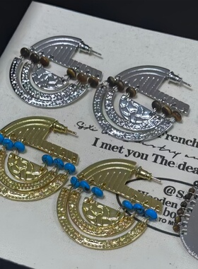 图腾串珠镂空耳环 虎眼石绿松原创小众复古耳饰