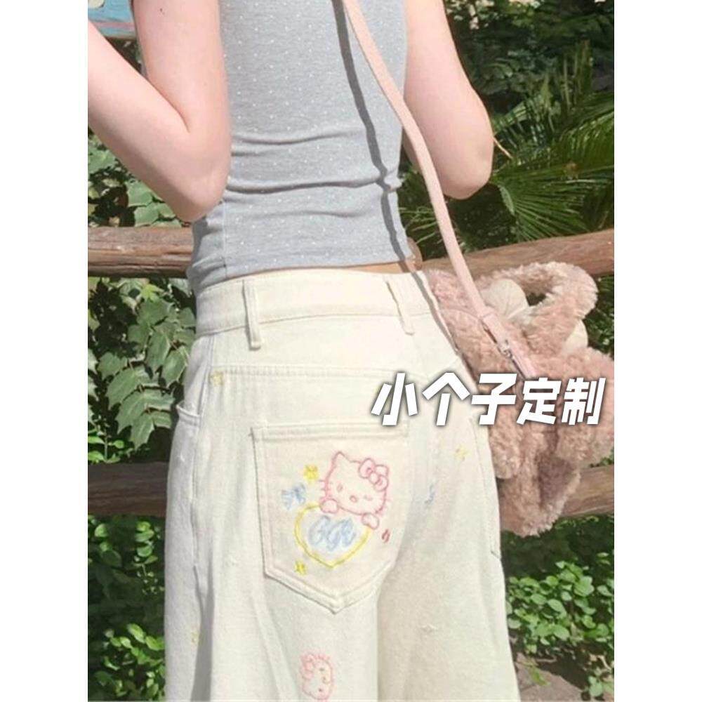 150小矮个子蝴蝶结猫咪牛仔裤女夏设计感刺绣美式高腰直筒拖地裤