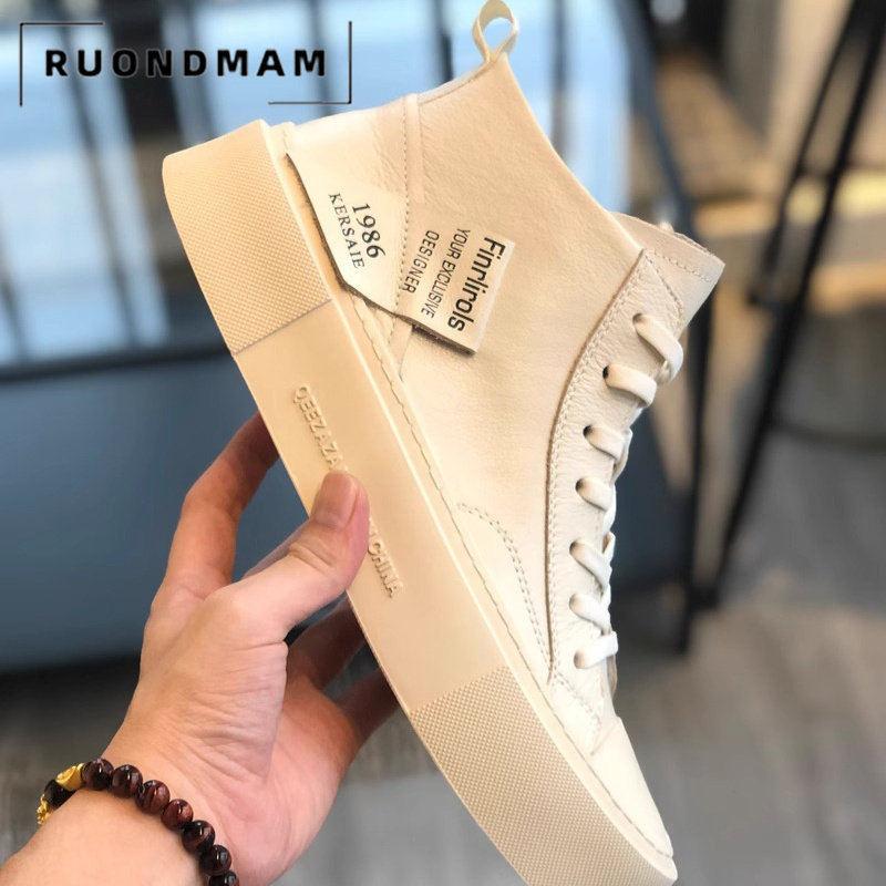 RUONDMAM真皮马丁靴男白色高帮增高厚底潮鞋英伦系带冬季中帮板鞋