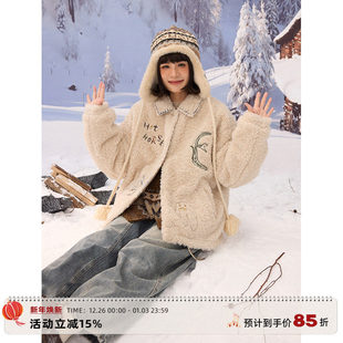 HOTHORSE火山马日系复古动物飞鸟刺绣保暖羊羔毛短外套棉服女冬