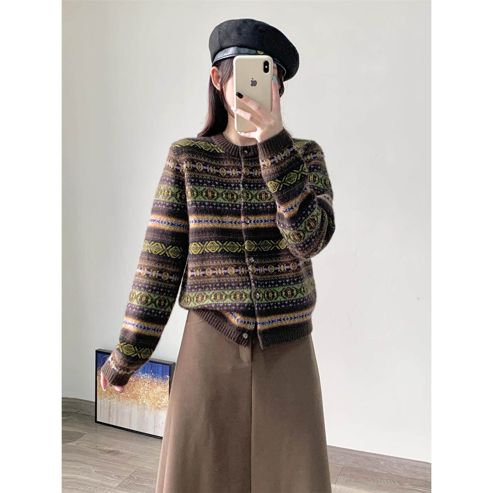 毛衣外套女2025新款秋冬费尔岛提花纯牦牛绒长袖圆领针织开衫上衣