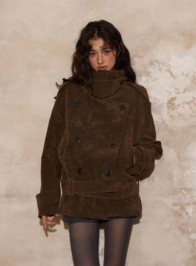 CTheMoon 法式覆古植绒大立领短款 双排扣系腰卡咖绿风衣外套女