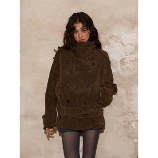 CTheMoon 法式覆古植绒大立领短款 双排扣系腰卡咖绿风衣外套女