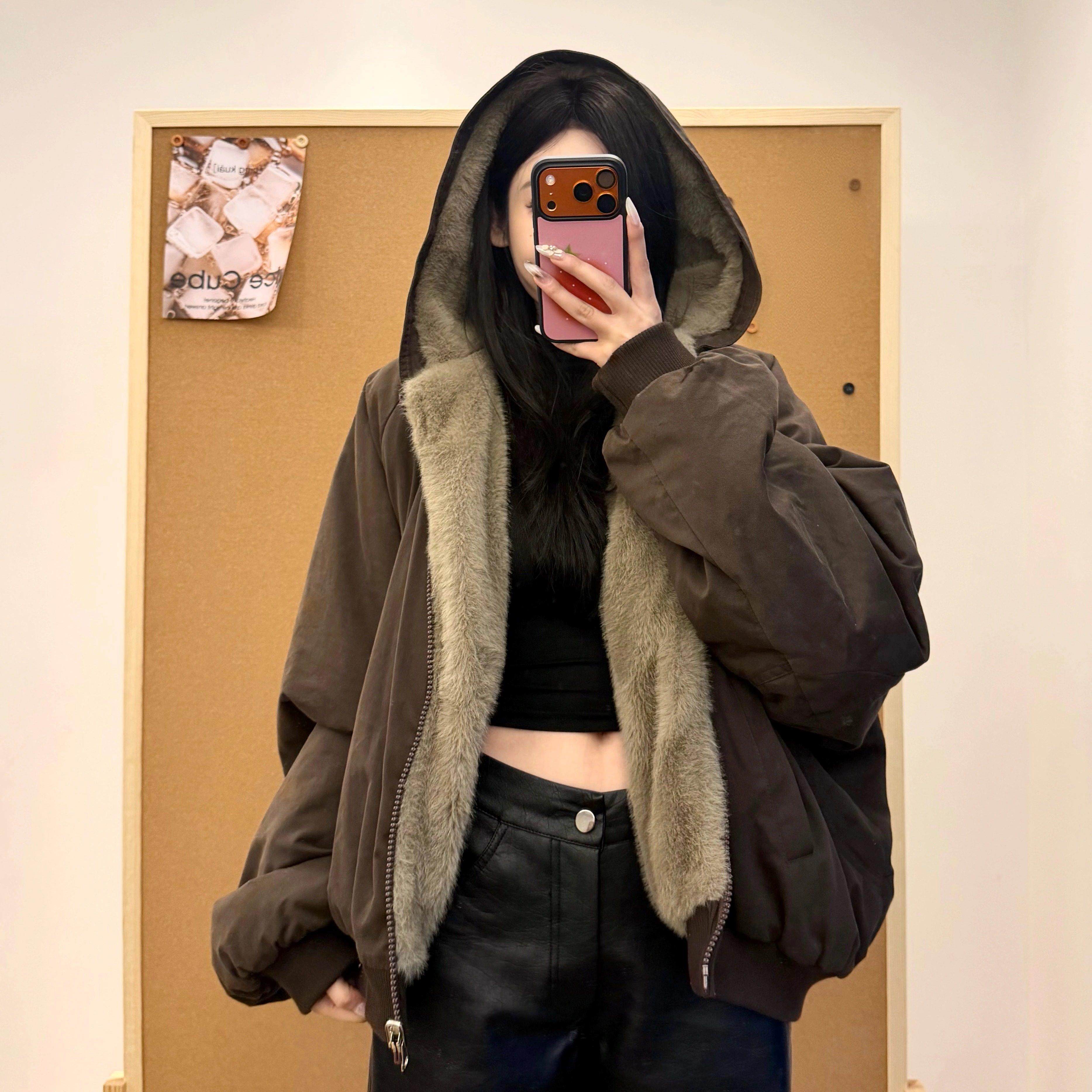 座山雕棉服女款冬季2025新款棉袄美式慵懒感双面穿棉衣冬装厚外套