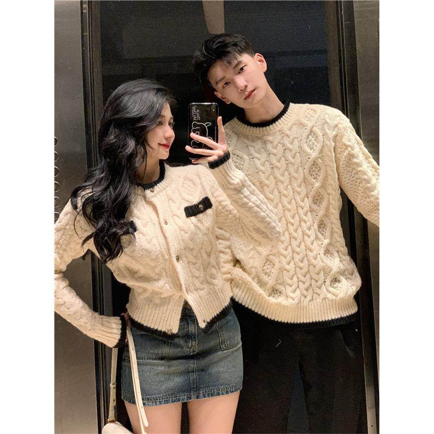 情侣服装2025秋冬新款超级流行男女针织衫韩式宽松法国针织衫夹克