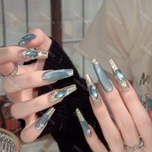 girlplus蔚蓝岛屿短款梯形蓝色猫眼纯手工美甲穿戴甲仙女显白中款