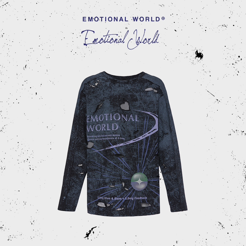 Emotional world2025春夏新款潮流网纱拼接镂空印花纯棉长袖T恤