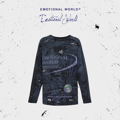 Emotional world2025春夏新款潮流网纱拼接镂空印花纯棉长袖T恤