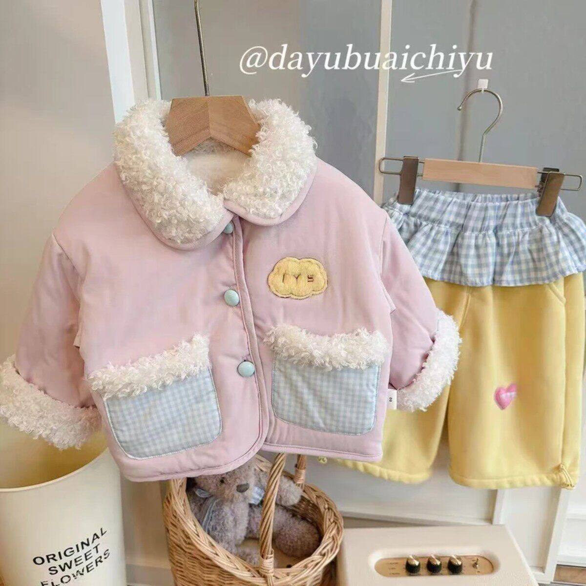 韩版女童棉服26秋冬新款马卡龙色翻领毛毛保暖棉服外套加绒直筒裤