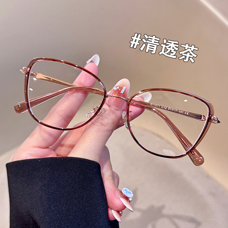 素颜神器韩版超轻茶色猫眼眼镜近视女款可配度数显脸小橘猫眼镜框