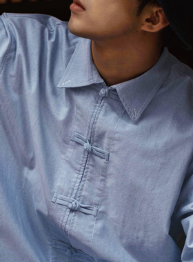 Hungry Artist新中式国风盘扣衬衫长袖纯棉白色唐装男士订婚上衣