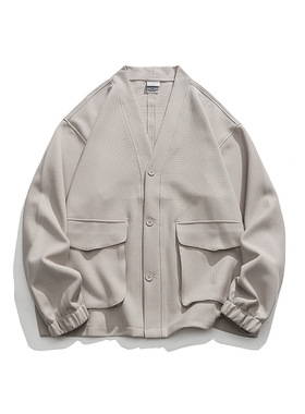 Hungry Artist日系复古纯色时尚V领开衫外套日潮复古宽松情侣上衣