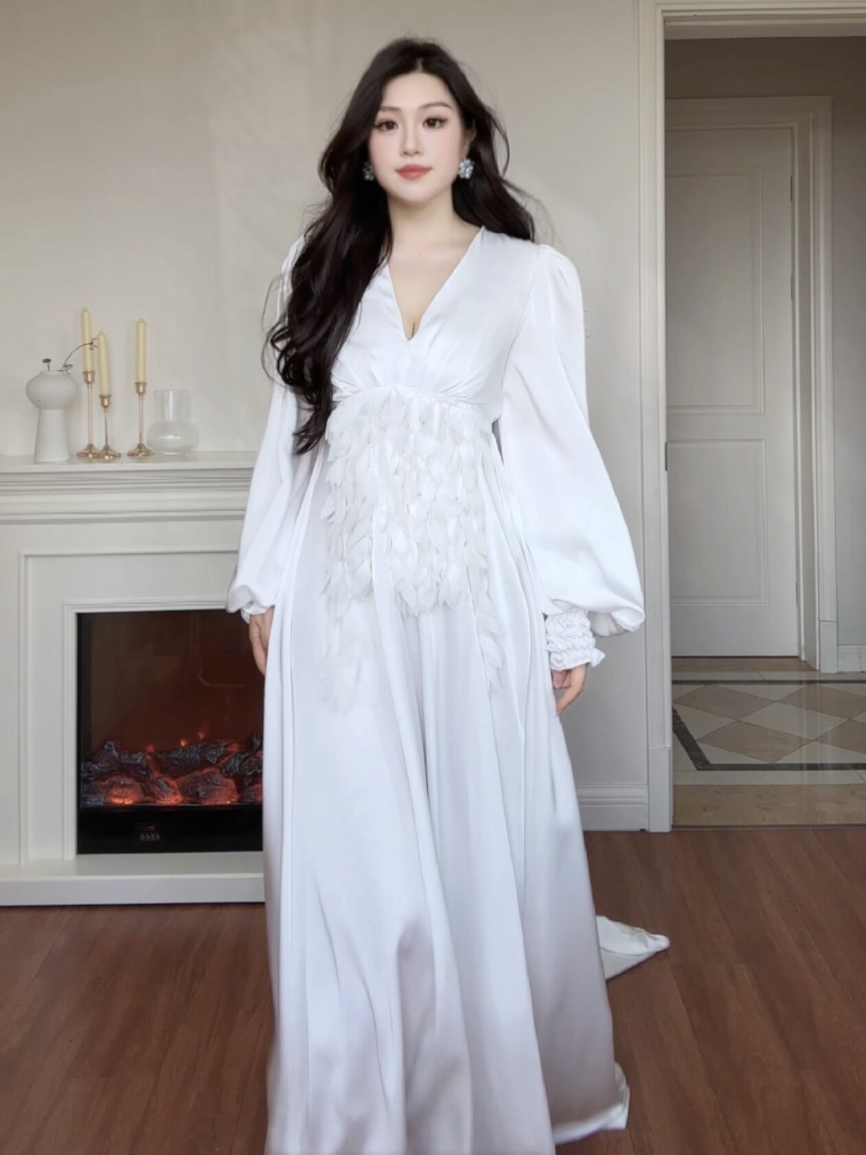 胖mm大码新中式晨袍女新娘敬酒服订婚礼服v领白色仙气收腰连衣裙图片