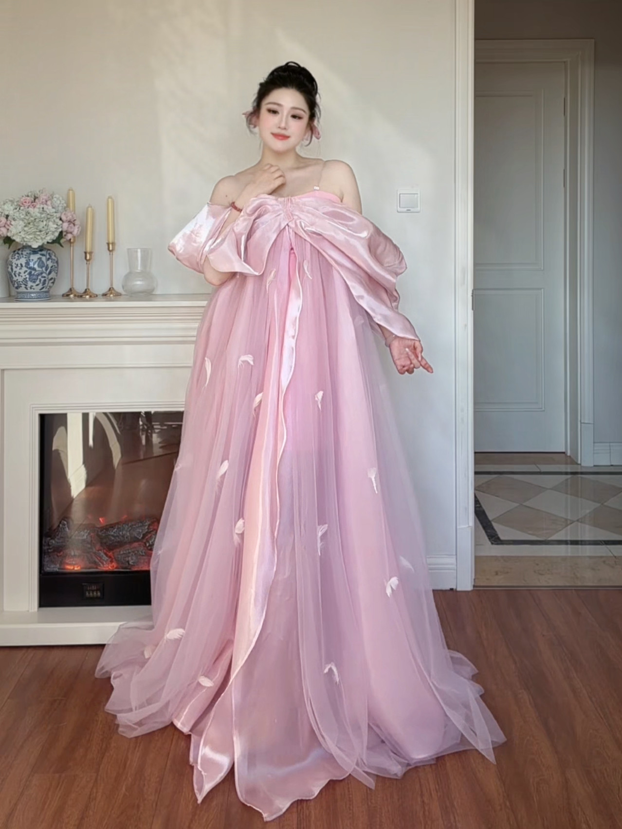 胖mm大码晨袍女新娘粉色敬酒服蝴蝶结订婚晚礼服一字肩生日宴会裙图片