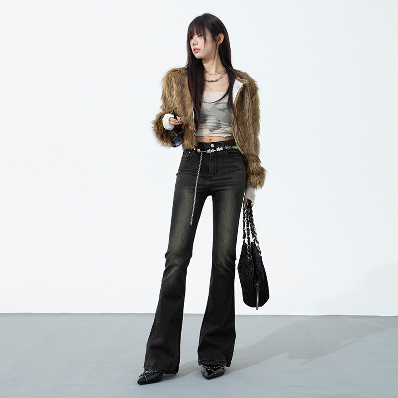 BRN新款复古辣妹黑灰牛仔喇叭裤女2025春秋弹力修身拖地马蹄长裤