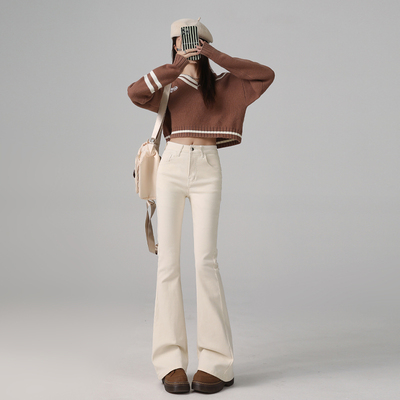 BRN白色高腰微喇牛仔裤秋冬加绒