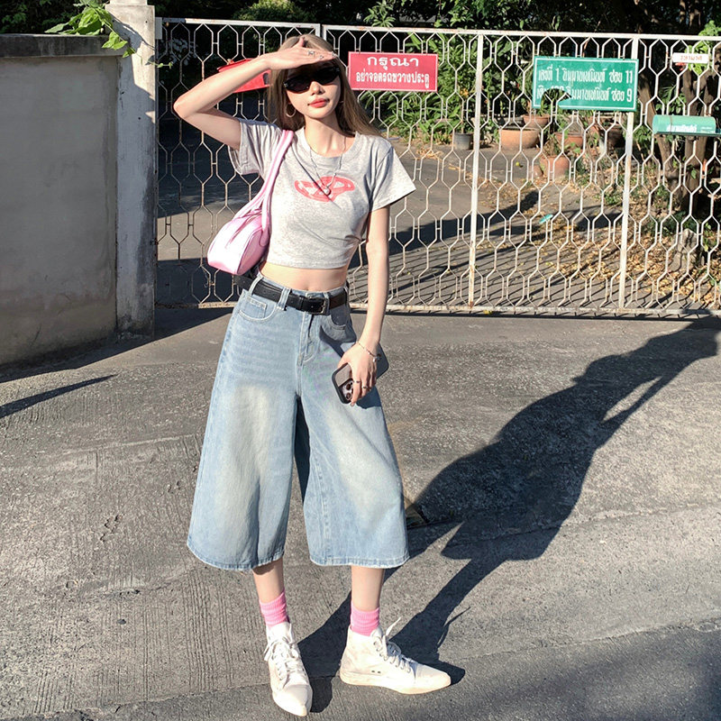 BRN美式复古高腰宽松阔腿裤女百搭春夏显瘦直筒七分裤牛仔裤