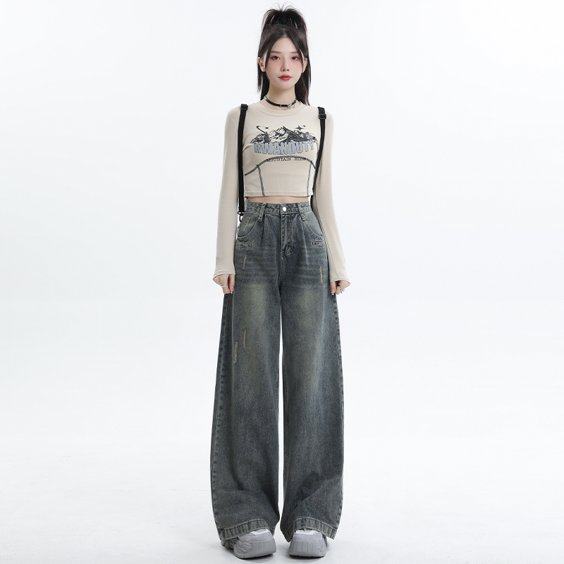 高腰阔腿牛仔裤女休闲