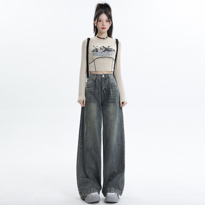 高腰阔腿牛仔裤女休闲