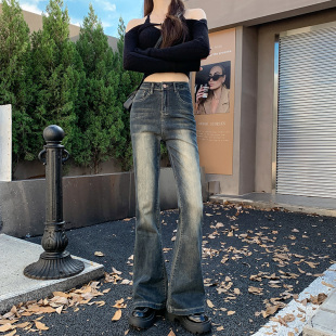 新款 拖地长裤 复古浅蓝色牛仔裤 高腰显瘦微喇裤 潮 子女装 BRN202秋季