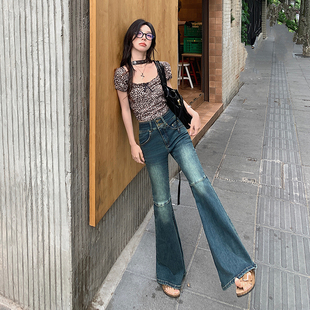 BRN2025复古怀旧拼接大喇叭牛仔裤女春秋高腰弹力修身马蹄长裤子