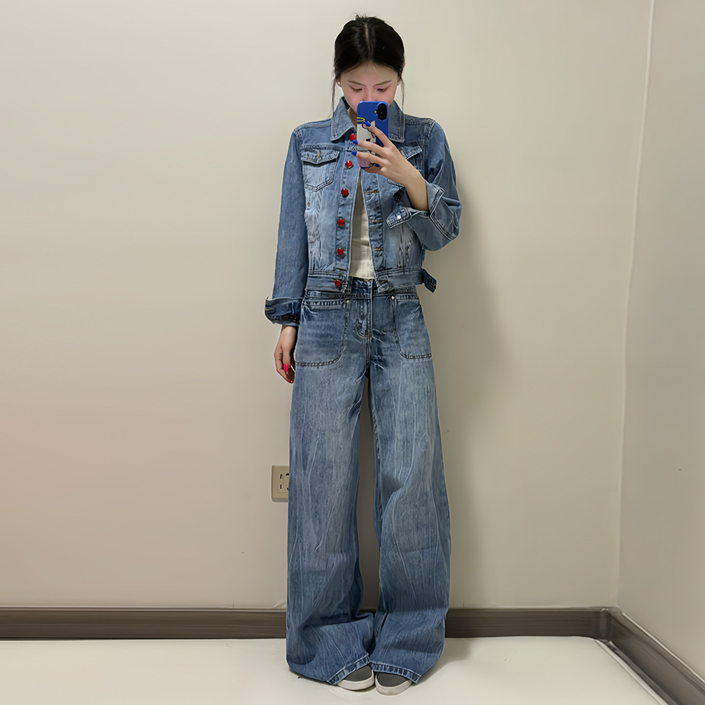 美式高街复古阔腿裤牛仔夹克女潮