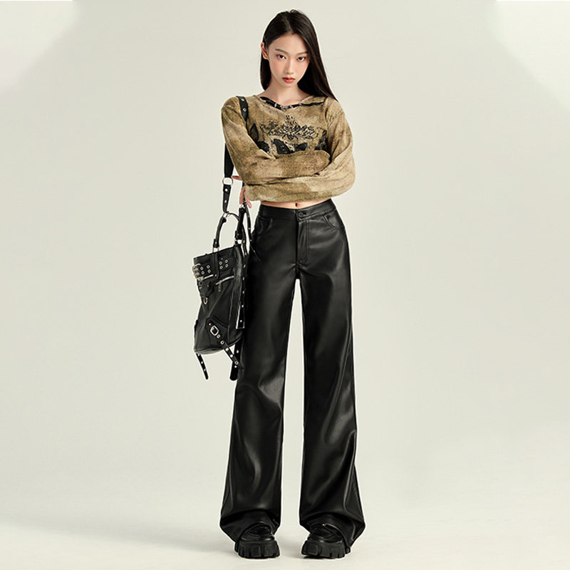 BRN2025新款黑色皮裤女春秋新品高腰直筒显瘦宽松阔腿休闲PU皮裤