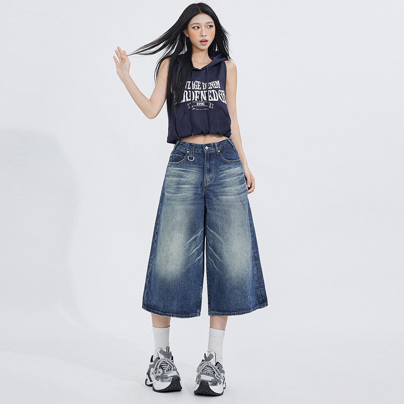 BRN复古休闲七分牛仔裤女春夏2025年新款松弛感宽松阔腿百搭中裤