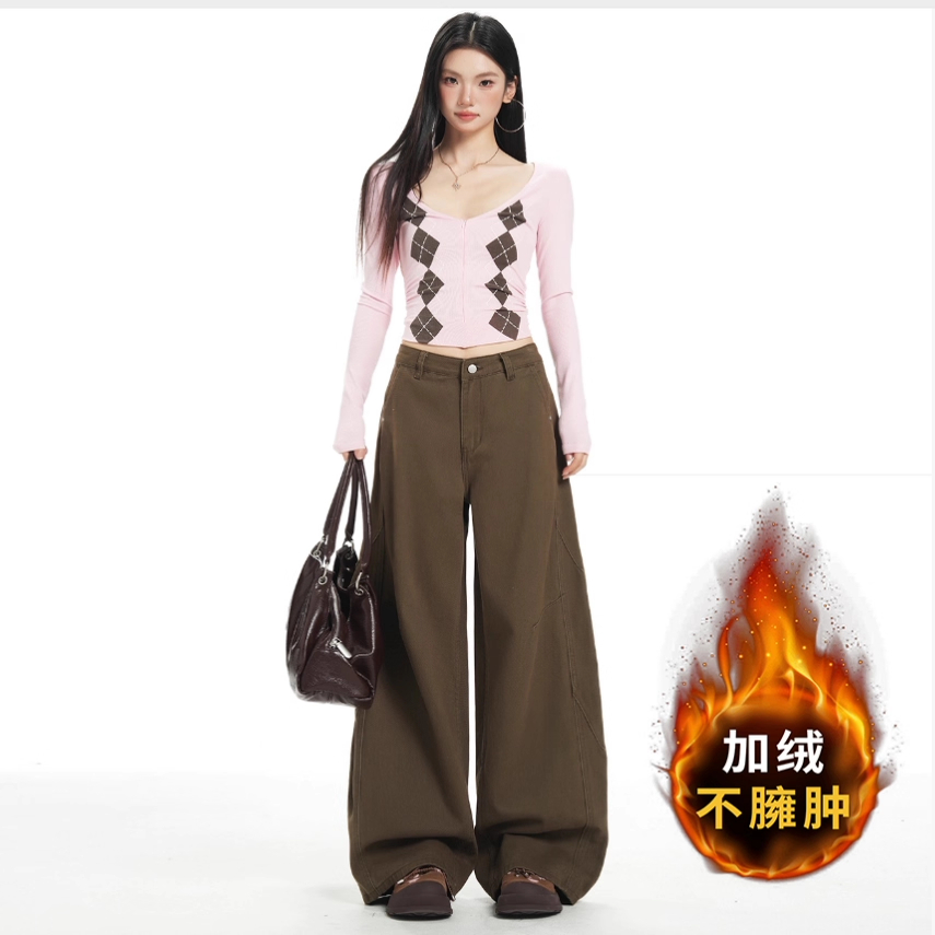 BRN美式复古咖色弯刀阔腿牛仔裤女秋冬加绒宽松显瘦显腿长直筒裤