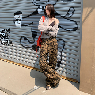 女2025春秋新高腰显瘦阔腿直筒裤 BRN美式 辣妹率性街头豹纹牛仔裤