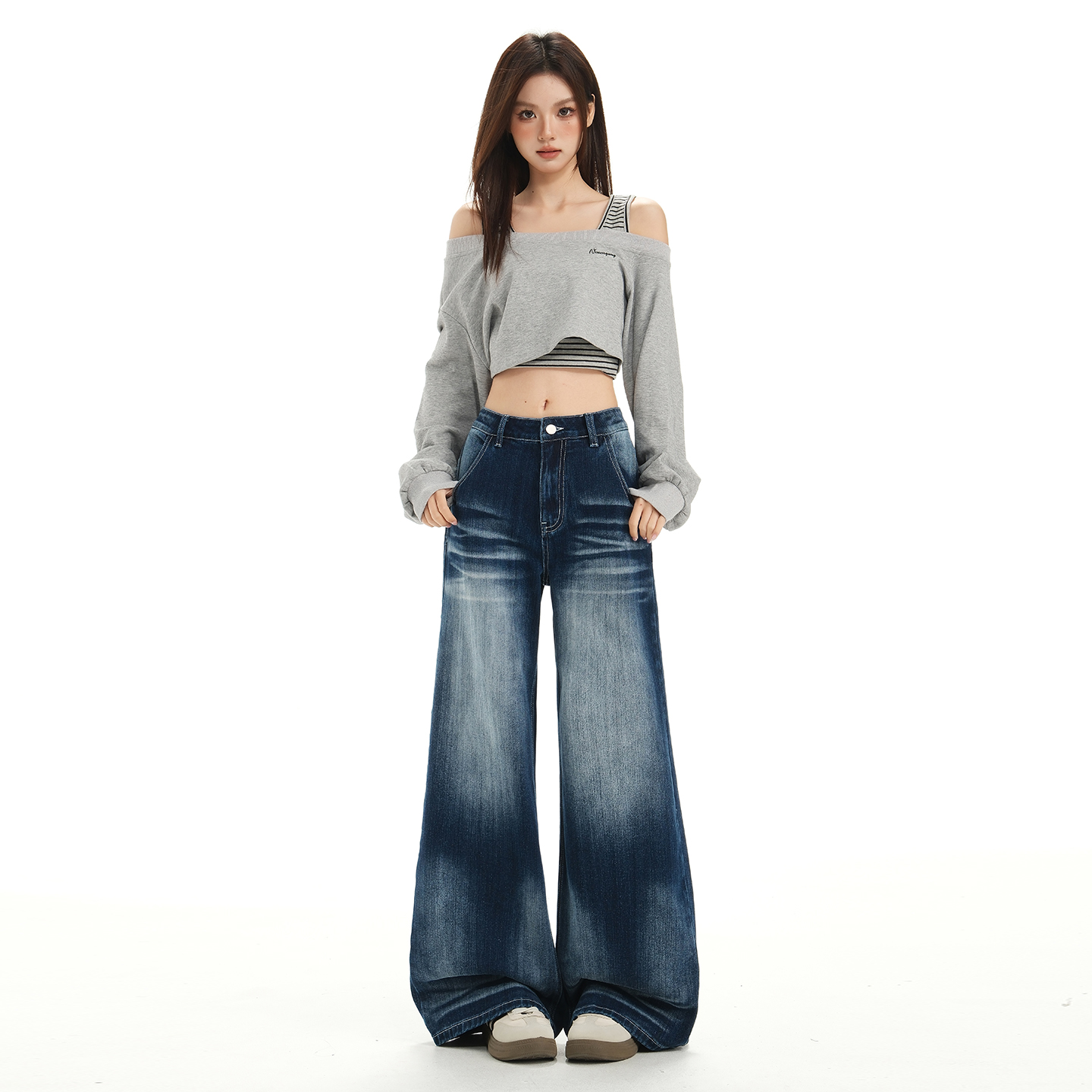 美式复古微喇阔腿牛仔裤