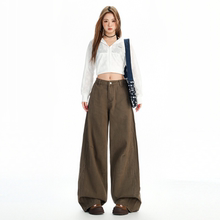 BRN美式复古水洗做旧棕咖色牛仔裤女潮牌痞帅cleanfit直筒阔腿裤