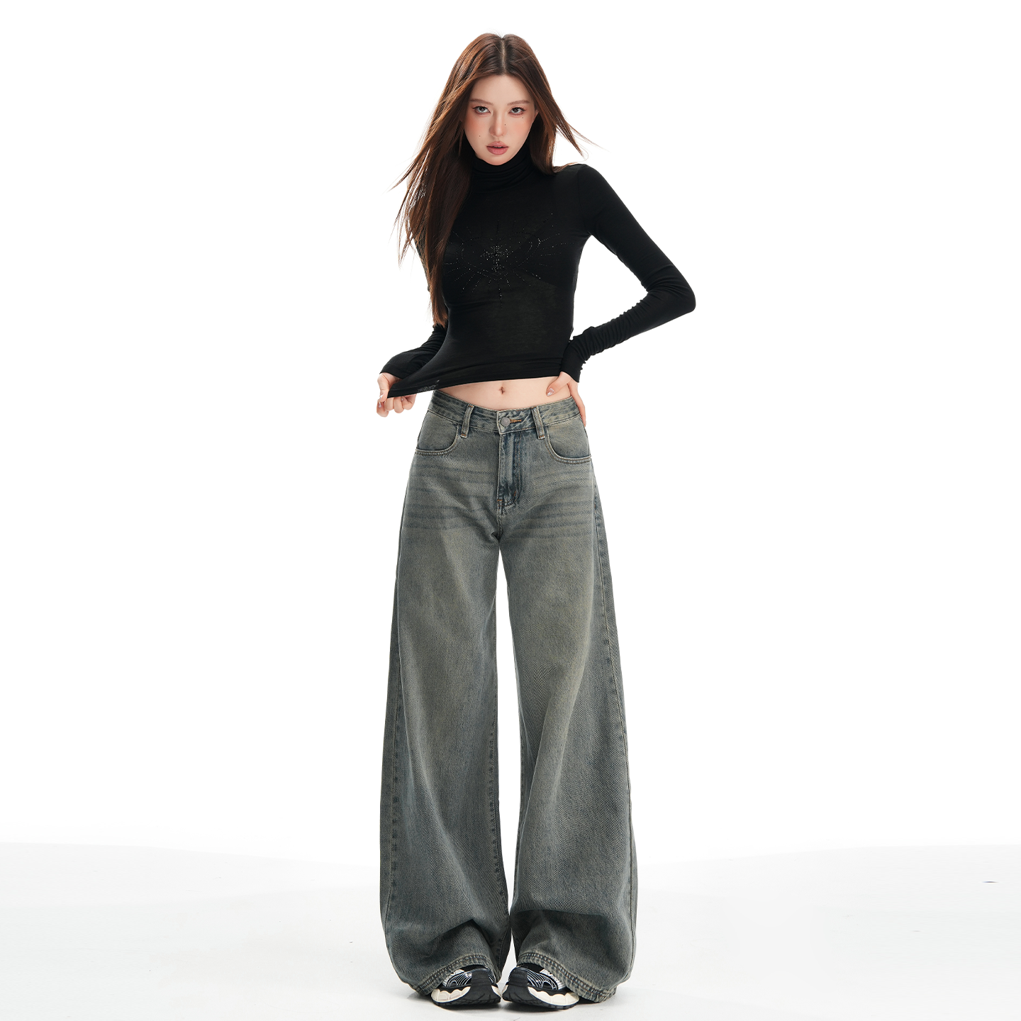 BRN美式复古重工水洗做旧宽松显瘦百搭慵懒休闲垂感阔腿牛仔裤女