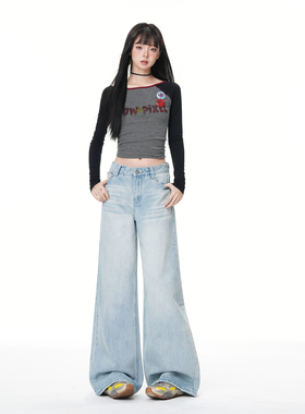 BRNA美式复古水洗猫须阔腿牛仔裤女春季新款浅蓝宽松显瘦百搭长裤