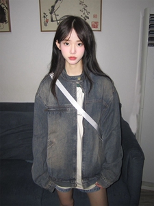 美式复古水洗做旧牛仔外套女秋季2023新款高级感宽松拉链夹克上衣