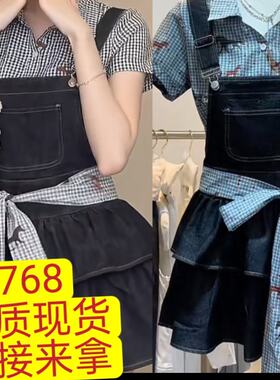 森林小玛 织物猪原创 甜美少女风夏季印花格子短袖衬衫牛仔背带裙