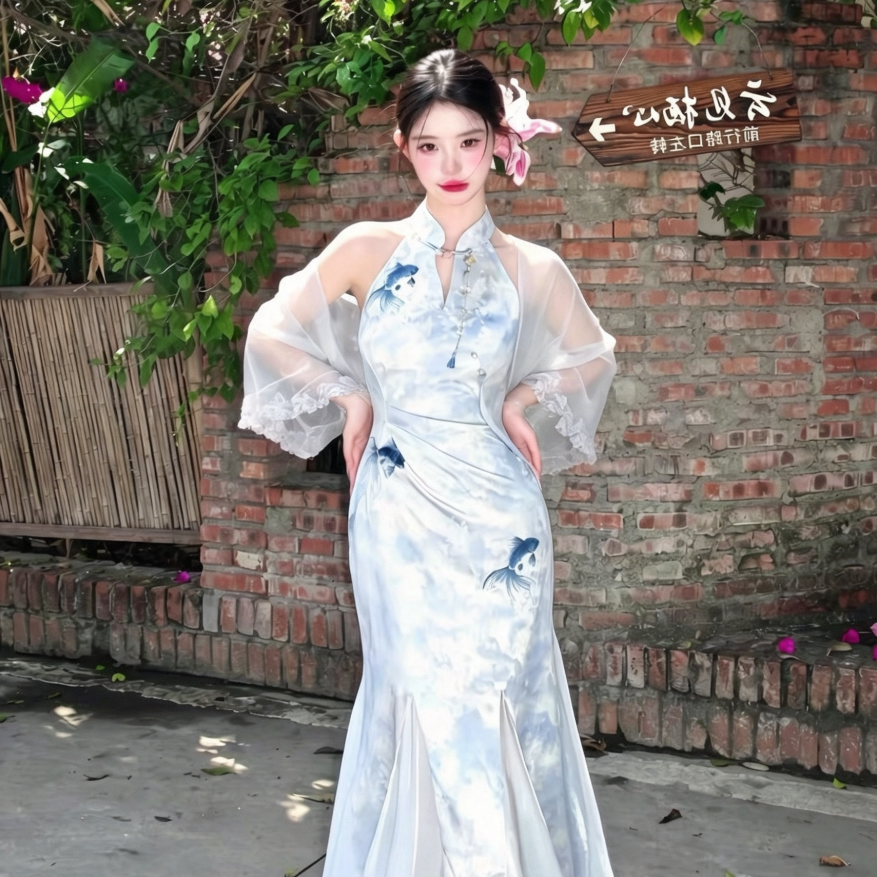 新中式改良披肩斗篷旗袍套装女夏图片