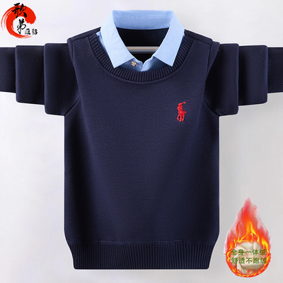 歌弟貂雁男童毛衣假两件衬衫领2025秋冬新款中大童加厚儿童针织衫
