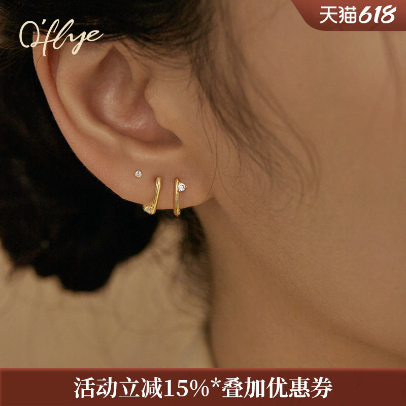 oflye金色几何耳环女小众高级感S925纯银耳钉通勤轻奢不对称耳饰