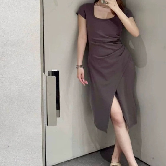 IRO oir 方领短袖连衣裙腰部褶皱开叉淡人法式轻奢25春夏新款