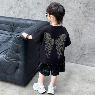 潮童装男童夏装纯棉套装2024新款儿童夏季翅膀短袖男孩酷帅两件套