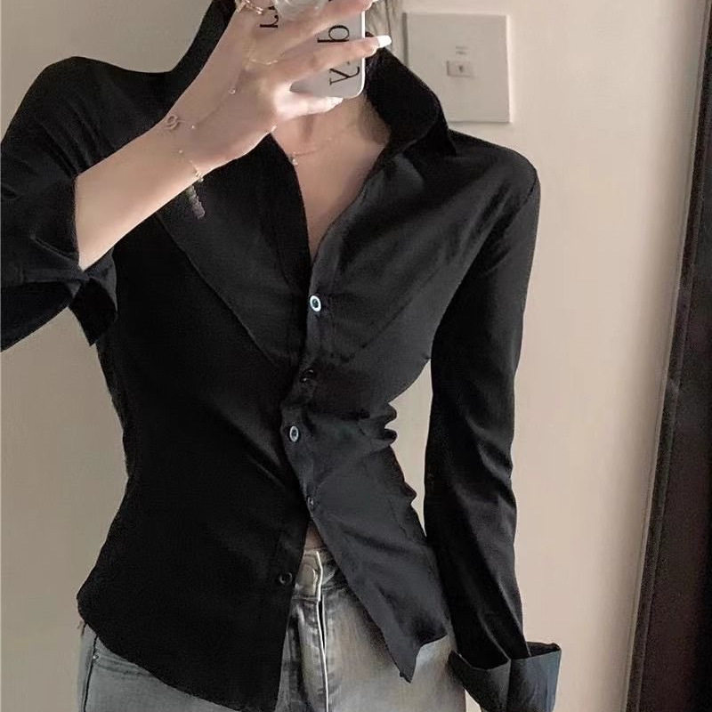 色女神女士白色紧身衬衣收腰JKv领衬衫性感修身弹力网红短款上衣