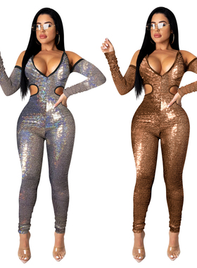 Women's fashion V-neck bronzed leotards  V领烫金紧身连体裤