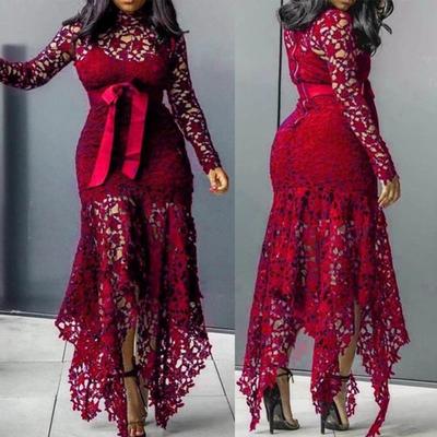 蕾丝镂空长袖立领连衣裙