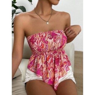 Shoulder 辣妹性感无袖 Off Floral Top 抽褶收腰抹胸上衣Summer