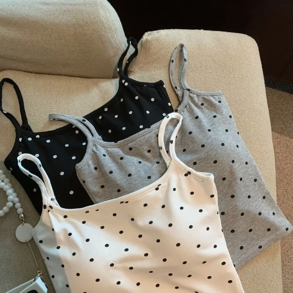 女波点带胸垫露背吊带背心上衣 Polka Dot Built-in Bra Tank Top - 实物图